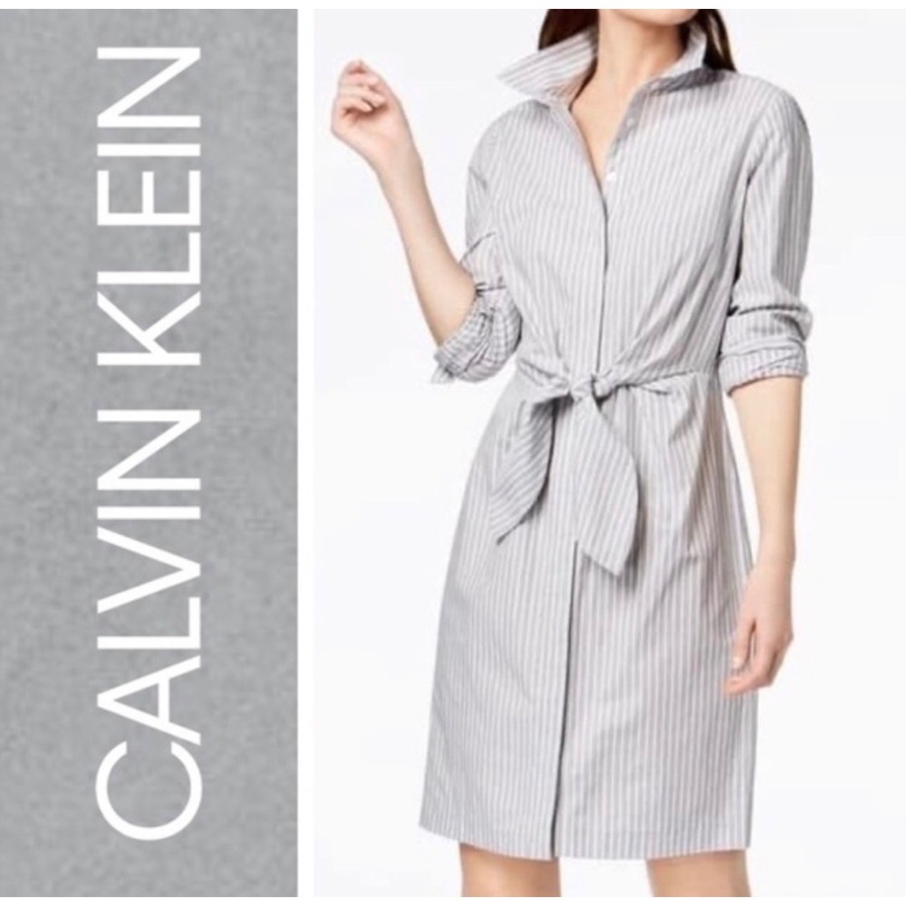 Calvin Klein Gray White Striped Tie Waist Shirt Dress 100% Cotton NWT Size 8